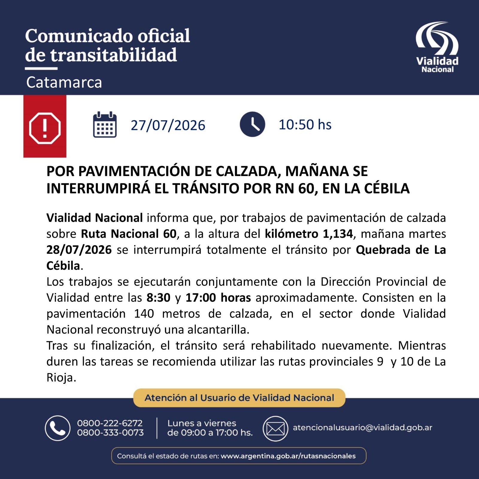 🚧 ATENCIÓN: MAÑANA SE CORTARÁ EL TRÁNSITO EN LA CUESTA DE LA CÉBILA ⚠️
